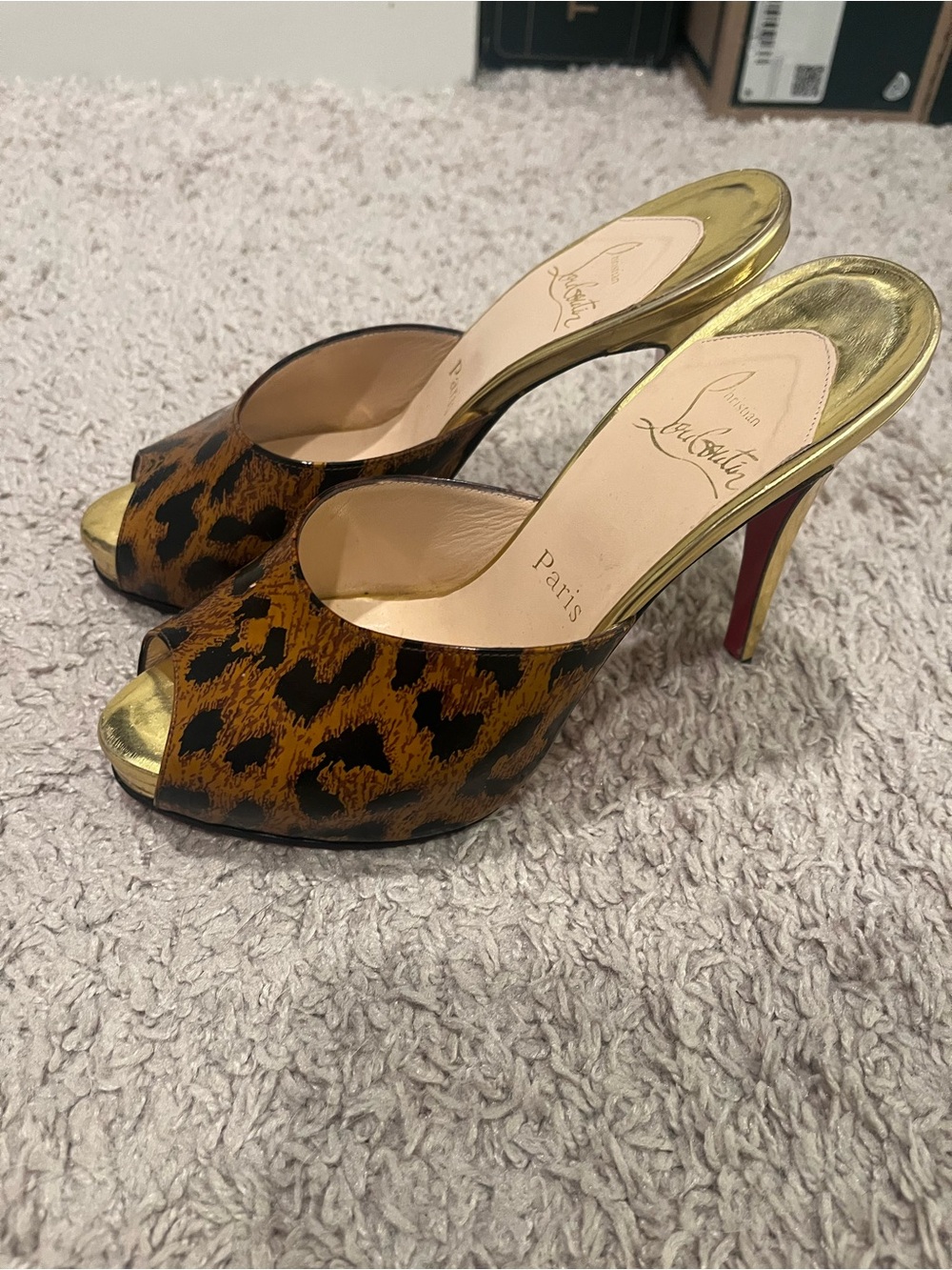 Christian Louboutin Leopard Print Gold-Trim Peep Toe Mules with Red Soles
